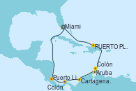 Visitando Miami (Florida/EEUU), Puerto Limón (Costa Rica), Colón (Panamá), Cartagena de Indias (Colombia), Aruba (Antillas), Colón, PUERTO PLATA, REPUBLICA DOMINICANA, Miami (Florida/EEUU)