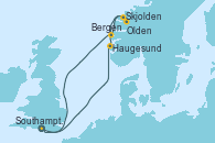 Visitando Southampton (Inglaterra), Haugesund (Noruega), Skjolden (Noruega), Olden (Noruega), Bergen (Noruega), Southampton (Inglaterra)