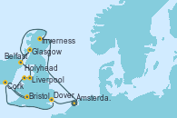 Visitando Ámsterdam (Holanda), Inverness (Escocia), Glasgow (Escocia), Belfast (Irlanda), Liverpool (Reino Unido), Holyhead (Gales/Reino Unido), Bristol (Inglaterra), Cork (Irlanda), Dover (Inglaterra), Ámsterdam (Holanda)