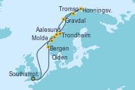 Visitando Southampton (Inglaterra), Bergen (Noruega), Molde (Noruega), Trondheim (Noruega), Honningsvag (Noruega), Tromso (Noruega), Gravdal (Islas Lofoten/Noruega), Aalesund (Noruega), Olden (Noruega), Southampton (Inglaterra)