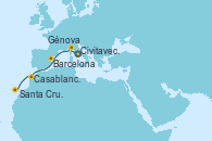 Visitando Civitavecchia (Roma), Génova (Italia), Barcelona, Casablanca (Marruecos), Santa Cruz de Tenerife (España)