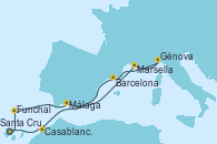 Visitando Santa Cruz de Tenerife (España), Funchal (Madeira), Málaga, Marsella (Francia), Génova (Italia), Barcelona, Casablanca (Marruecos), Santa Cruz de Tenerife (España)
