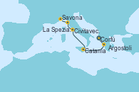 Visitando Taranto (Italia), Corfú (Grecia), Argostoli (Grecia), Catania (Sicilia), Civitavecchia (Roma), La Spezia, Florencia y Pisa (Italia), Savona (Italia)