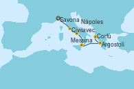 Visitando Savona (Italia), Civitavecchia (Roma), Nápoles (Italia), Messina (Sicilia), Argostoli (Grecia), Corfú (Grecia), Taranto (Italia)