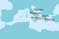 Visitando Civitavecchia (Roma), Nápoles (Italia), Messina (Sicilia), Argostoli (Grecia), Corfú (Grecia), Taranto (Italia)