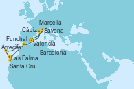 Visitando Valencia, Arrecife (Lanzarote/España), Las Palmas de Gran Canaria (España), Santa Cruz de Tenerife (España), Funchal (Madeira), Cádiz (España), Barcelona, Marsella (Francia), Savona (Italia), Valencia
