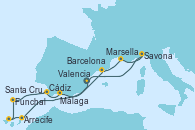 Visitando Valencia, Arrecife (Lanzarote/España), Santa Cruz de Tenerife (España), Funchal (Madeira), Cádiz (España), Málaga, Barcelona, Marsella (Francia), Savona (Italia), Valencia