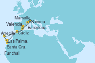 Visitando Savona (Italia), Valencia, Arrecife (Lanzarote/España), Las Palmas de Gran Canaria (España), Santa Cruz de Tenerife (España), Funchal (Madeira), Cádiz (España), Barcelona, Marsella (Francia), Savona (Italia)