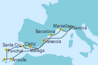 Visitando Savona (Italia), Valencia, Arrecife (Lanzarote/España), Santa Cruz de Tenerife (España), Funchal (Madeira), Cádiz (España), Málaga, Barcelona, Marsella (Francia), Savona (Italia)