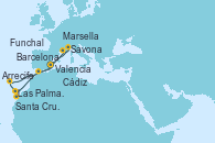 Visitando Barcelona, Marsella (Francia), Savona (Italia), Valencia, Arrecife (Lanzarote/España), Las Palmas de Gran Canaria (España), Santa Cruz de Tenerife (España), Funchal (Madeira), Cádiz (España), Barcelona