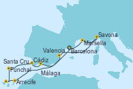 Visitando Barcelona, Marsella (Francia), Savona (Italia), Valencia, Arrecife (Lanzarote/España), Santa Cruz de Tenerife (España), Funchal (Madeira), Cádiz (España), Málaga, Barcelona