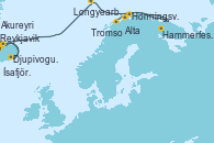 Visitando Reykjavik (Islandia), Djupivogur (Islandia), Akureyri (Islandia), Ísafjörður (Islandia), Longyearbyen (Noruega), Longyearbyen (Noruega), Honningsvag (Noruega), Hammerfest (Noruega), Alta (Noruega), Tromso (Noruega)