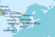 Visitando Oslo (Noruega), Kristiansand (Noruega), Stavanger (Noruega), Bergen (Noruega), Aalesund (Noruega), Reykjavik (Islandia), Ísafjörður (Islandia), Akureyri (Islandia), Djupivogur (Islandia), Tórshavn (Dinamarca), Lerwick (Escocia), Edimburgo (Escocia), Southampton (Inglaterra)