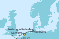 Visitando Hamburgo (Alemania),Navegación,Rotterdam (Holanda),Zeebrugge (Bruselas),Le Havre (Francia),Southampton (Inglaterra),Navegación,Hamburgo (Alemania)