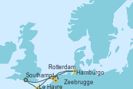 Visitando Southampton (Inglaterra), Hamburgo (Alemania), Rotterdam (Holanda), Zeebrugge (Bruselas), Le Havre (Francia), Southampton (Inglaterra)