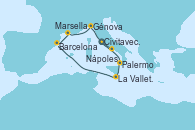 Visitando Civitavecchia (Roma), Palermo (Italia), La Valletta (Malta), Barcelona, Marsella (Francia), Génova (Italia), Nápoles (Italia)