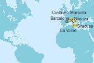 Visitando Barcelona, Génova (Italia), Marsella (Francia), La Valletta (Malta), Siracusa (Sicilia), Civitavecchia (Roma)