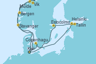 Visitando Kiel (Alemania), Vik (Noruega), Molde (Noruega), Bergen (Noruega), Stavanger (Noruega), Kiel (Alemania), Copenhague (Dinamarca), Tallin (Estonia), Helsinki (Finlandia), Estocolmo (Suecia), Kiel (Alemania)