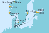 Visitando Kiel (Alemania), Bergen (Noruega), Nordfjordeid, Olden (Noruega), Stavanger (Noruega), Kiel (Alemania), Copenhague (Dinamarca), Tallin (Estonia), Helsinki (Finlandia), Estocolmo (Suecia), Kiel (Alemania)