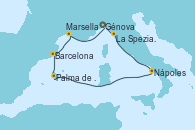 Visitando Génova (Italia), La Spezia, Florencia y Pisa (Italia), Nápoles (Italia), Palma de Mallorca (España), Barcelona, Marsella (Francia), Génova (Italia)