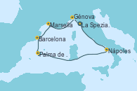 Visitando La Spezia, Florencia y Pisa (Italia), Nápoles (Italia), Palma de Mallorca (España), Barcelona, Marsella (Francia), Génova (Italia), La Spezia, Florencia y Pisa (Italia)