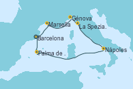 Visitando Barcelona, Marsella (Francia), Génova (Italia), La Spezia, Florencia y Pisa (Italia), Nápoles (Italia), Palma de Mallorca (España), Barcelona