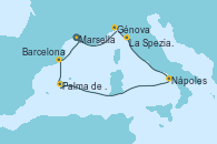 Visitando Marsella (Francia), Génova (Italia), La Spezia, Florencia y Pisa (Italia), Nápoles (Italia), Palma de Mallorca (España), Barcelona, Marsella (Francia)
