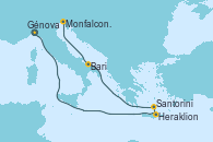 Visitando Génova (Italia), Heraklion (Creta), Santorini (Grecia), Bari (Italia), Monfalcone (Venecia/Italia)