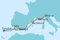 Visitando Funchal (Madeira), Málaga, Marsella (Francia), Génova (Italia), Barcelona, Cádiz (España), Funchal (Madeira)