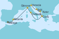 Visitando Málaga, Alicante (España), Génova (Italia), Civitavecchia (Roma), Corfú (Grecia), Kotor (Montenegro), Split (Croacia), Venecia (Italia)