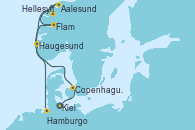Visitando Kiel (Alemania), Copenhague (Dinamarca), Flam (Noruega), Aalesund (Noruega), Hellesylt (Noruega), Haugesund (Noruega), Hamburgo (Alemania)