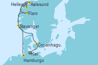 Visitando Kiel (Alemania), Copenhague (Dinamarca), Hellesylt (Noruega), Aalesund (Noruega), Flam (Noruega), Stavanger (Noruega), Hamburgo (Alemania)