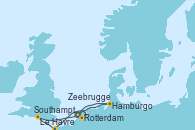 Visitando Rotterdam (Holanda), Zeebrugge (Bruselas), Le Havre (Francia), Southampton (Inglaterra), Hamburgo (Alemania), Rotterdam (Holanda)