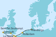 Visitando Hamburgo (Alemania), Rotterdam (Holanda), Rotterdam (Holanda), Le Havre (Francia), Southampton (Inglaterra), Falmouth (Gran Bretaña), Saint Peter´s Port (Reino Unido), Hamburgo (Alemania)