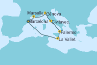 Visitando Barcelona, Marsella (Francia), Génova (Italia), Civitavecchia (Roma), Palermo (Italia), La Valletta (Malta), Barcelona