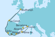 Visitando Málaga, Alicante (España), Palma de Mallorca (España), Toulon (Francia), Barcelona, La Coruña (Galicia/España), Southampton (Inglaterra), Cádiz (España), Málaga