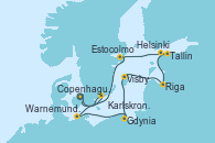 Visitando Copenhague (Dinamarca), Karlskrona (Suecia), Warnemunde (Alemania), Gdynia (Polonia), Visby (Suecia), Riga (Letonia), Tallin (Estonia), Helsinki (Finlandia), Estocolmo (Suecia), Estocolmo (Suecia), Copenhague (Dinamarca)