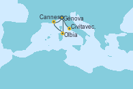 Visitando Génova (Italia), Olbia (Cerdeña), Cannes (Francia), Génova (Italia), Civitavecchia (Roma)