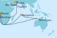 Visitando Dubai, Doha (Catar), Abu Dhabi (Emiratos Árabes Unidos), Fujairah (Emiratos Árabes), Muscat (Omán), Mangalore (India), Mormugao (India), Bombay (India)