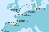 Visitando Lisboa (Portugal), Bilbao (España), Burdeos (Francia), La Rochelle (Francia), Le Havre (Francia), Ijmuiden (Ámsterdam), Hamburgo (Alemania), Hamburgo (Alemania), Portsmouth (Inglaterra)