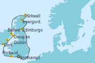Visitando Southampton (Inglaterra), Edimburgo (Escocia), Invergordon (Escocia), Kirkwall (Escocia), Belfast (Irlanda), Douglas (Reino Unido), Dublin (Irlanda), Cork (Irlanda), Portland, Dorset (Reino Unido), Southampton (Inglaterra)