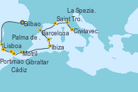 Visitando Bilbao (España), Lisboa (Portugal), Portimao (Portugal), Cádiz (España), Gibraltar (Inglaterra), Motril (Granada/Andalucía), Ibiza (España), Palma de Mallorca (España), Barcelona, Saint Tropez (Francia), La Spezia, Florencia y Pisa (Italia), Civitavecchia (Roma)