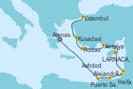 Visitando Atenas (Grecia), Alejandría (Egipto), Puerto Said (Egipto), Ashdod (Israel), Haifa (Israel), LARNACA, CYPRUS, Antalya (Turquía), Rodas (Grecia), Kusadasi (Efeso/Turquía), Estambul (Turquía), Estambul (Turquía)