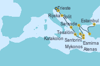 Visitando Trieste (Italia), Rijeka (Croacia), Split (Croacia), Sarande (Albania), Katakolon (Olimpia/Grecia), Santorini (Grecia), Atenas (Grecia), Mykonos (Grecia), Tesalónica (Grecia), Esmirna (Turquía), Estambul (Turquía)