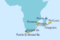 Visitando Ciudad del Cabo (Sudáfrica), Ciudad del Cabo (Sudáfrica), Mossel Bay (Sudáfrica), Puerto Elizabeth (Sudáfrica), Maputo (Mozambique), Pomene (Mozambique), Tolagnaro (Madagascar), Pointe des Galets (Francia), Port Louis  (Mauricio)