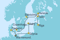 Visitando Warnemunde (Alemania), Gdynia (Polonia), Visby (Suecia), Riga (Letonia), Tallin (Estonia), Helsinki (Finlandia), Estocolmo (Suecia), Estocolmo (Suecia), Copenhague (Dinamarca), Fredericia (Dinamarca), Warnemunde (Alemania)