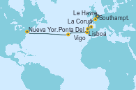 Visitando Southampton (Inglaterra), Le Havre (Francia), La Coruña (Galicia/España), Vigo (España), Lisboa (Portugal), Ponta Delgada (Azores), Nueva York (Estados Unidos)