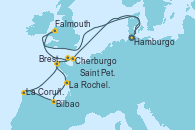 Visitando Hamburgo (Alemania), Cherburgo (Francia), Brest (Francia), La Rochelle (Francia), Bilbao (España), La Coruña (Galicia/España), Saint Peter´s Port (Reino Unido), Falmouth (Gran Bretaña), Hamburgo (Alemania)
