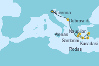 Visitando Ravenna (Italia), Dubrovnik (Croacia), Nauplion (Grecia), Rodas (Grecia), Kusadasi (Efeso/Turquía), Santorini (Grecia), Atenas (Grecia)