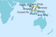 Visitando Laem Chabang (Bangkok/Thailandia), Ciudad Ho Chi Minh (Vietnam), Singapur, Muara (Brunei), Kota Kinabalu (Borneo/Malasia), Puerto Princesa Palawan (Filipinas), Boracay (Filipinas), Manila (Filipinas)